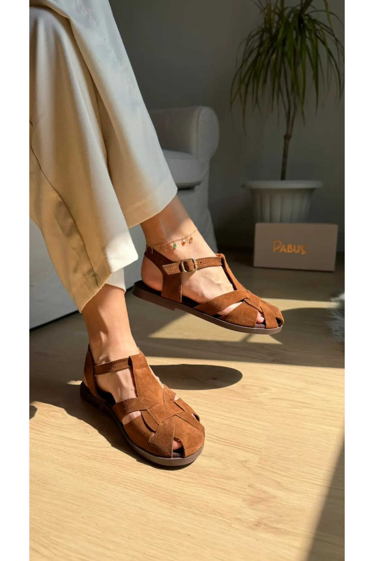 MELO Hakiki Deri Taba Süet Sandalet