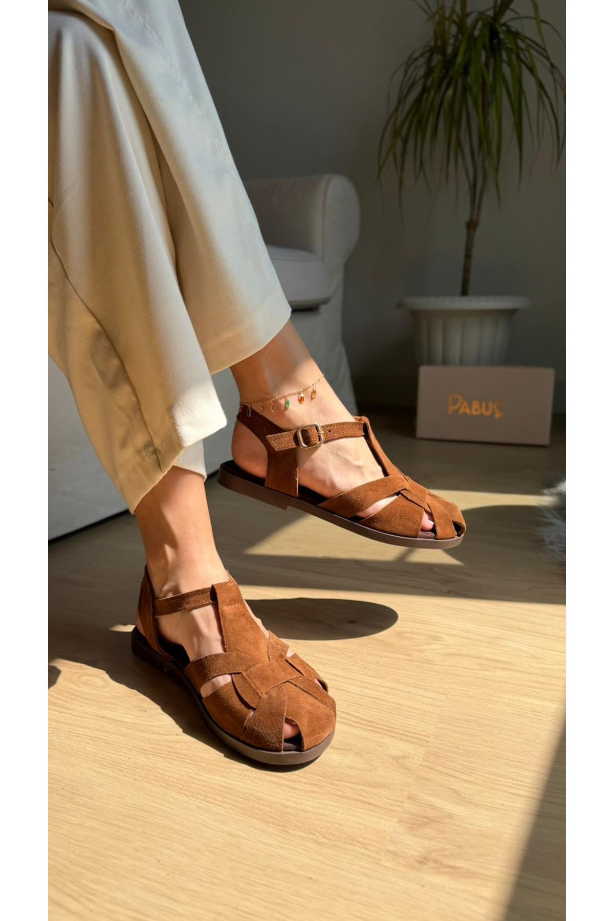 MELO Hakiki Deri Taba Süet Sandalet