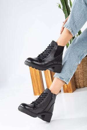 DERİMON KISA Siyah Hakiki Deri Bayan Bot