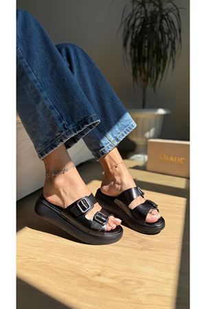 DENİ Ortopedik Hakiki Deri Siyah Terlik