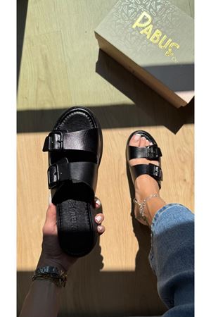 DENİ Ortopedik Hakiki Deri Siyah Terlik